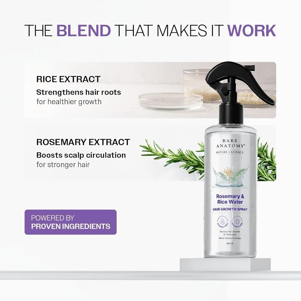 Bare Anatomy Rosemary & Rice Water Hair Growth Spray - 200ml | Boosts Thickness & Strength | Water-Based, Alcohol & Sulphate Free Formula