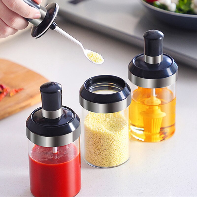 Pack of 3 Glass Seasoning Tank Kitchen Spice Kit Bottles Pepper Spoon Seasoning Jars Brush Honey Container Food Storage Container